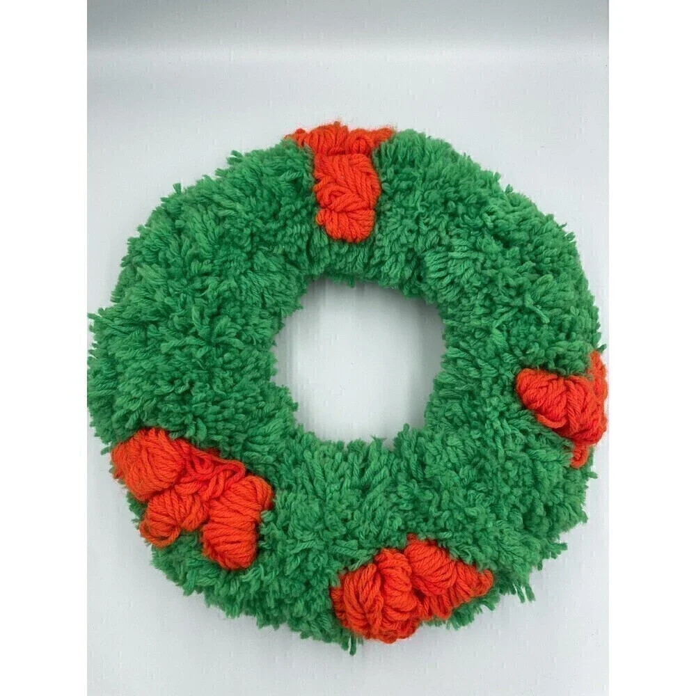 Vintage Handmade Green Crocheted Christmas Wreath  Red  Bow Holly Berries 14